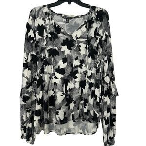 Lauren Ralph Lauren Black White Floral Ruffle Boho Peasant Blouse XXL